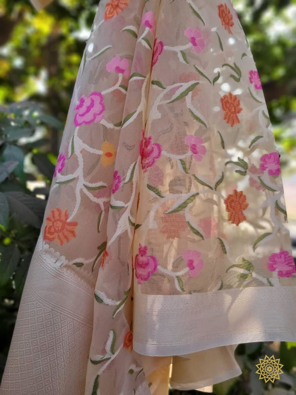 Banarasi Woven Meenedar Kora Silk Dupatta In Cream Colour
