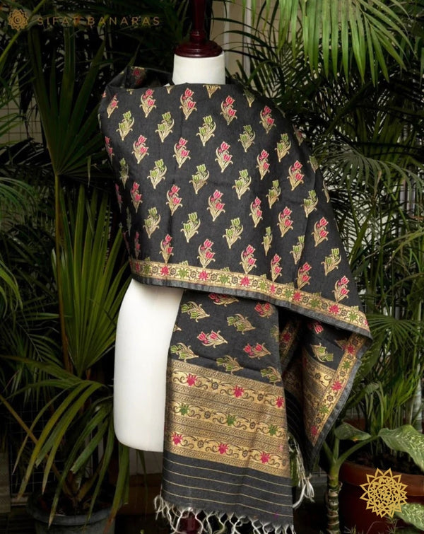 Black Meenedar Banarasi Woven Dupatta In Muga Silk
