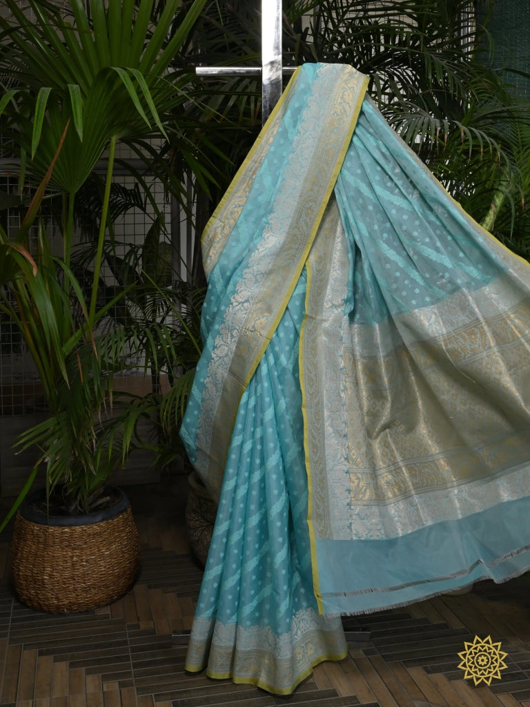 Handcrafted Banarasi Kora Cotton Saree In Phirozi Blue