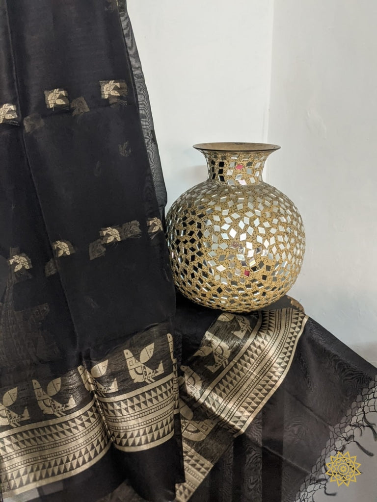 Handcrafted Panchhi Kora Silk Dupatta In Gold And Black