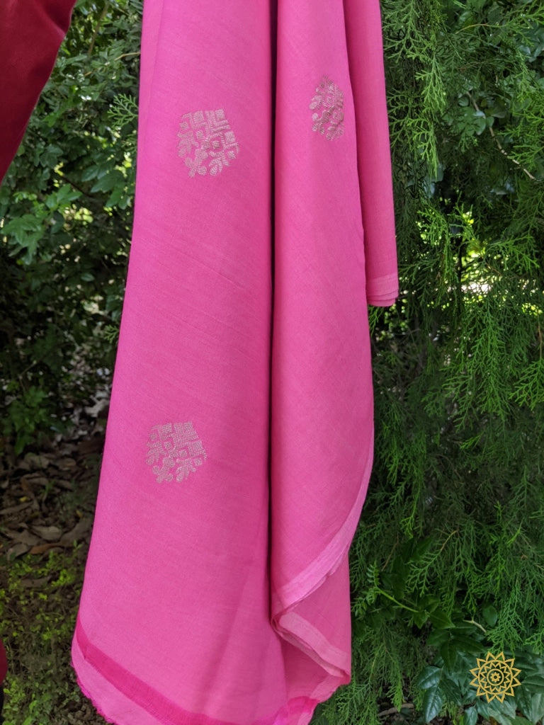 Handcrafted Tusser Georgette Fabric In Gulabi With Kadhwa Boota 2.5 Mt. Yardages