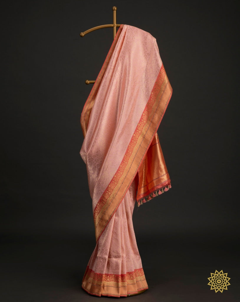 Handloom Banarasi Satin Tanchoi Saree In Pink With Contrast Pallu And Border