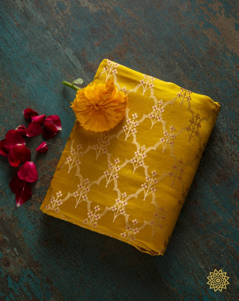 Handwoven Banarasi Satin Silk Fabric In Yellow Yardages