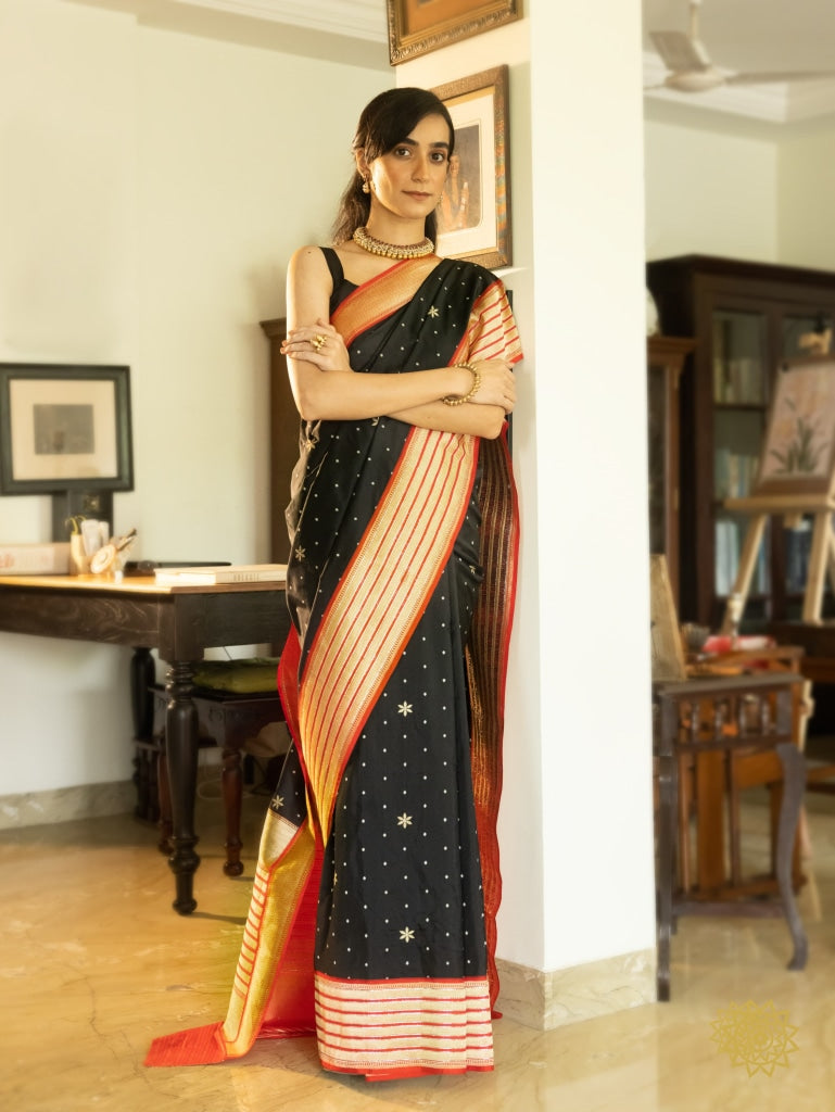Handwoven Black Saree With Red Border & Pallu