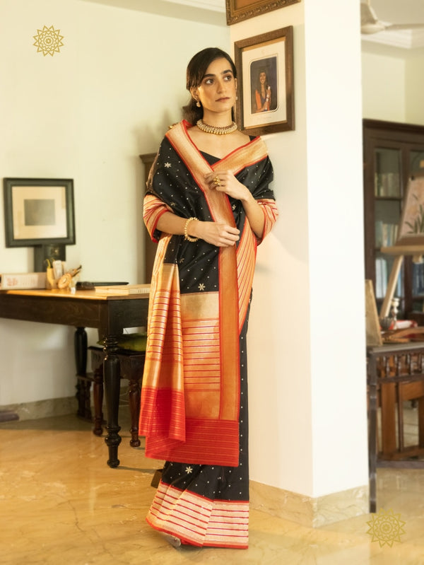 Handwoven Black Saree With Red Border & Pallu