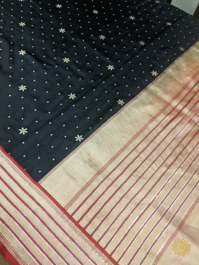 Handwoven Black Saree With Red Border & Pallu