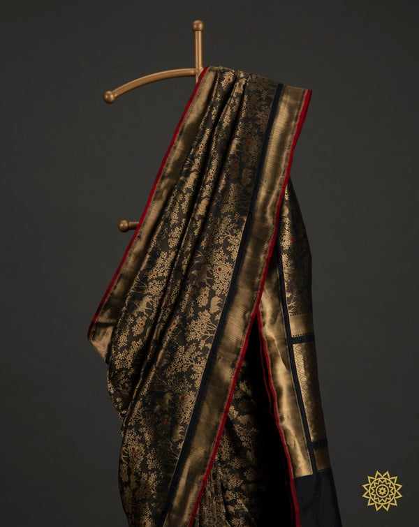 Handwoven Katan Silk Shikarga Saree In Black And Gold