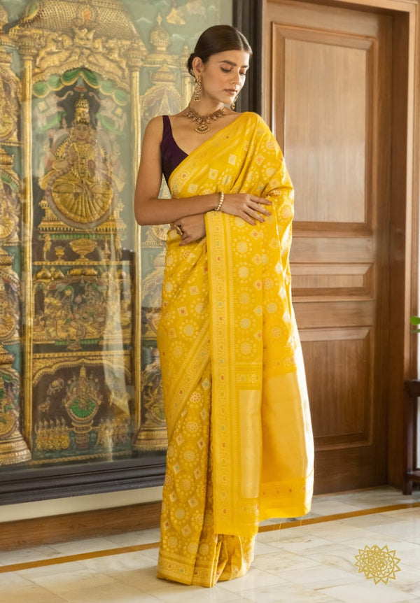 Handwoven Katan Silk Meenedar Jungla Saree