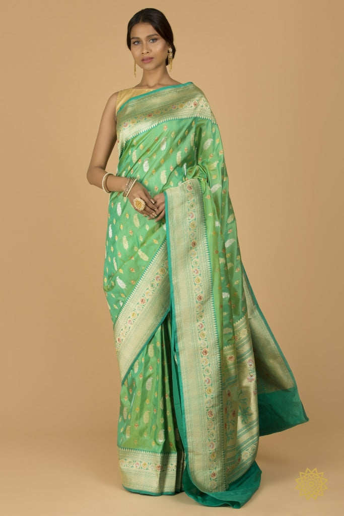 Handwoven Katan Silk Saree In Dual Tone Of Green