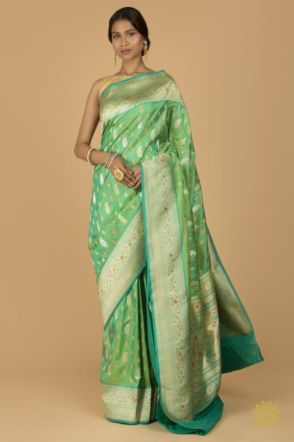 Handwoven Katan Silk Saree In Dual Tone Of Green