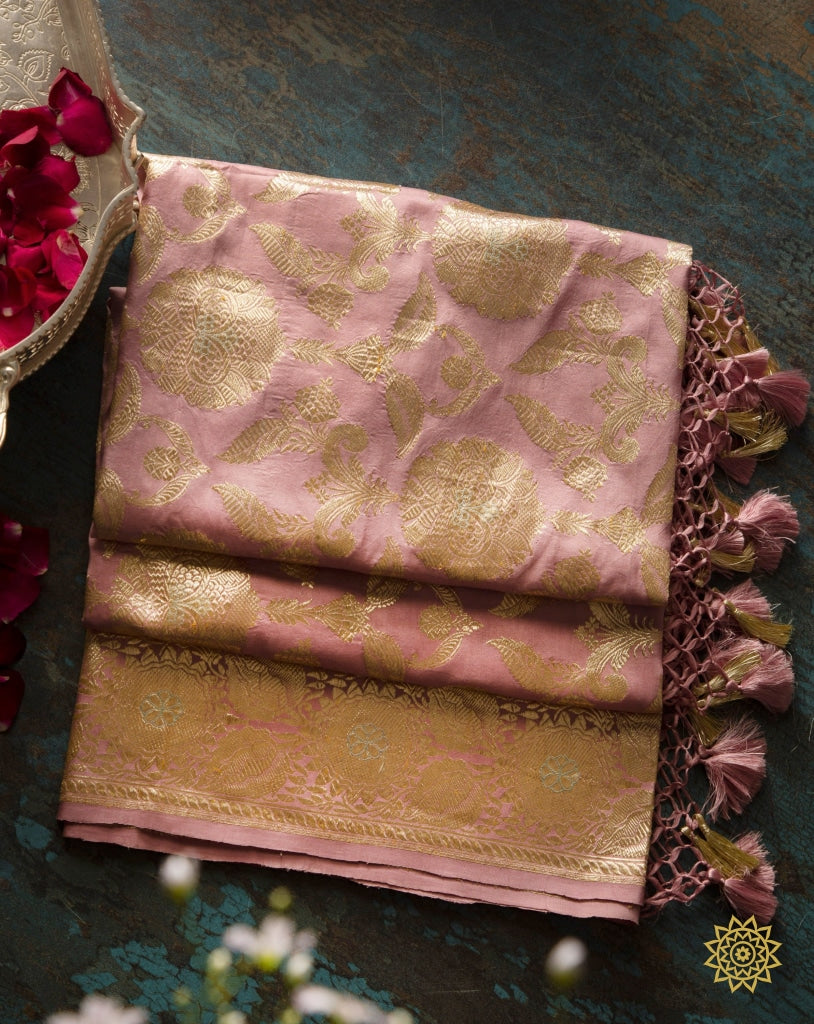 Pure Handcrafted Katan Silk Jangala Dupatta In Onion Pink