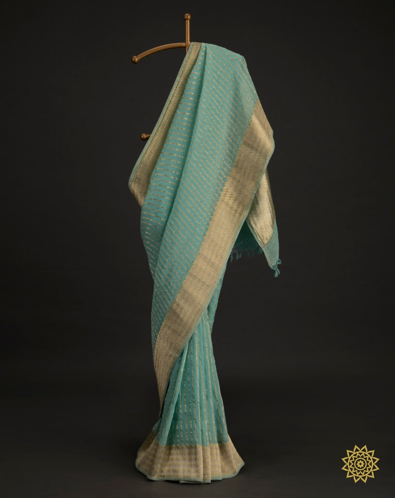 Pure Handcrafted Chiffon Georgette Banarasi Saree In Firozi
