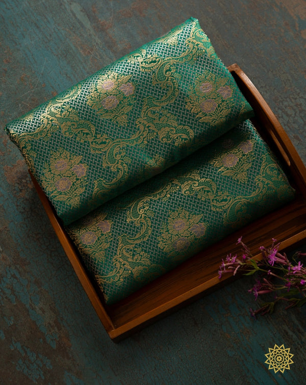 Pure Handloom Meenedar Brocade In Green With Pink Gold Zari Clothing
