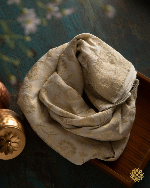 Pure Muga Silk Floral Jangala Banaras Dupatta In Ivory