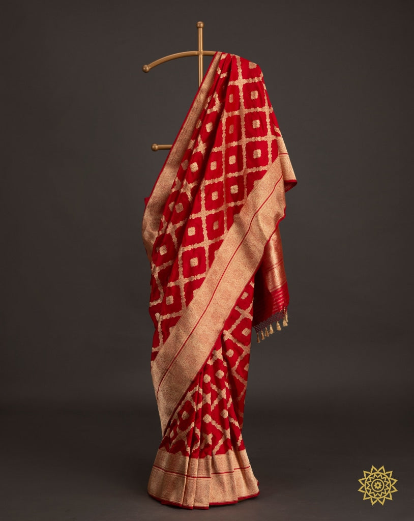 Katan Silk Handloom Banaras Saree In Red And Gold