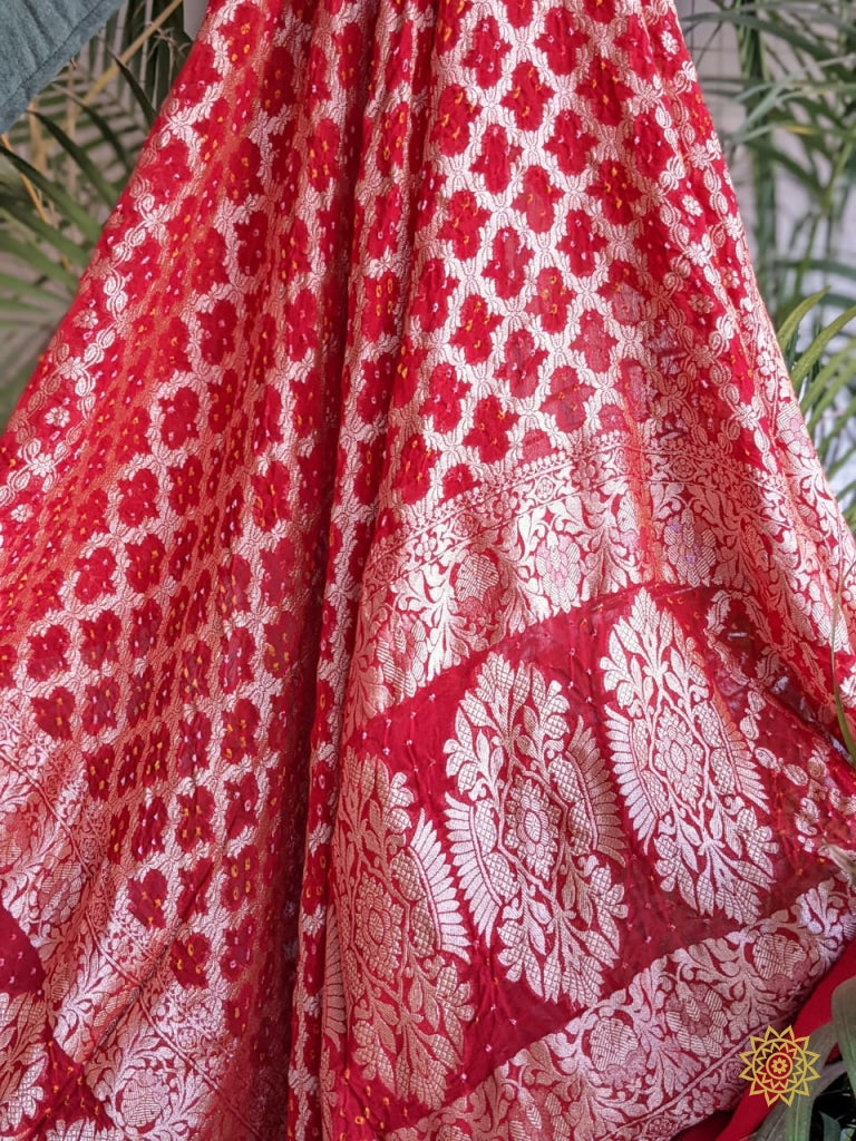 Soft Chiffon Georgette Banarasi Woven Dupatta Of Bandhej In Ravishing Red